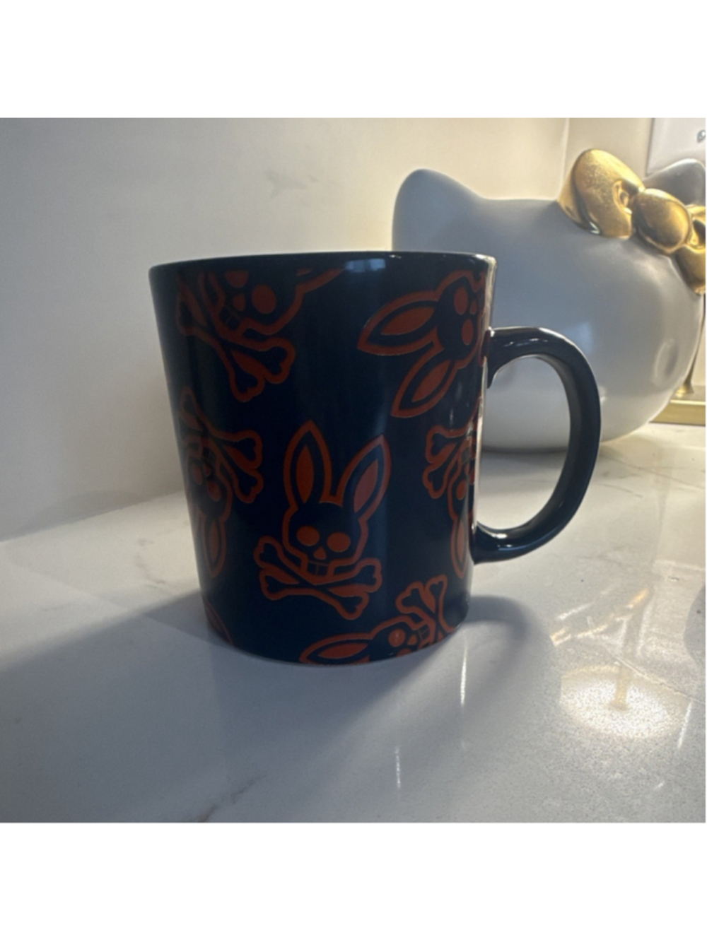 PSYCHO BUNNY Navy Blue/Orange Ceramic 10 oz Coffee Mug Skull Logo RARE